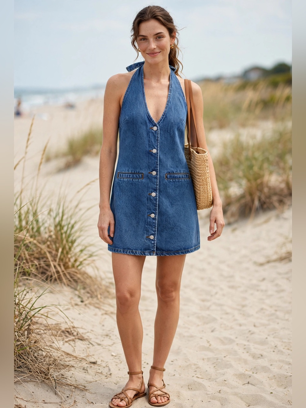 NWT Edikted Destinee Denim Halter Mini Dress Medium Front Button Open Back - Picture 2 of 14